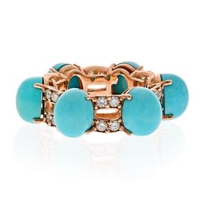 14K Rose Gold 6 Cabochon Turquoise Diamond Ring